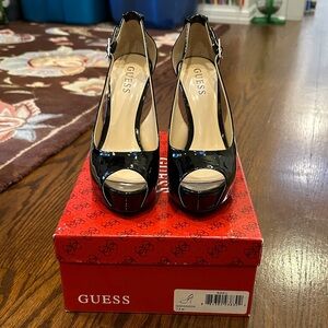 Guess Shiny Black Peep Toe Heels